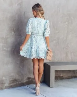 Adella Crochet Lace Puff Sleeve Mini Dress - Sage - SALE -clothes Sales AdellaCrochetLacePuffSleeveMiniDress Sage 63