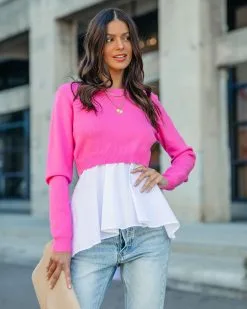 Adrienne Contrast Poplin Sweater Top - Pink - FINAL SALE -clothes Sales AdrienneContrastPoplinSweaterTopPink81