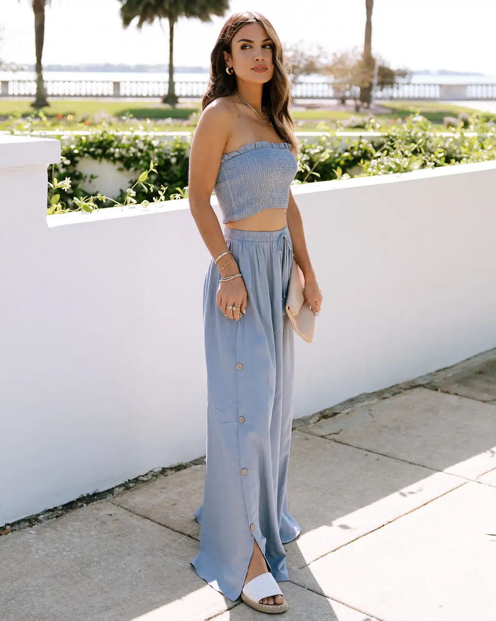 AAKA-001 Aleah Button Up Side Wide Leg Pants - Dusty Blue - SALE 5 AAKA-001 Aleah Button Up Side Wide Leg Pants - Dusty Blue - SALE - Image 5