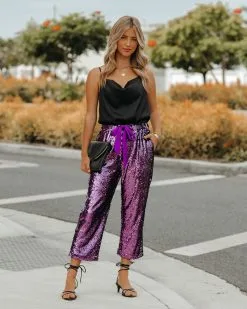LIST-001 All Ritz Pocketed Sequin Crop Pants - Plum - FINAL SALE