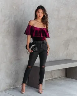 CHRY-001 All Things Luxurious Velvet Off The Shoulder Bodysuit - Wine - FINAL SALE -clothes Sales AllThingsLuxuriousVelvetOffTheShoulderBodysuitWine17