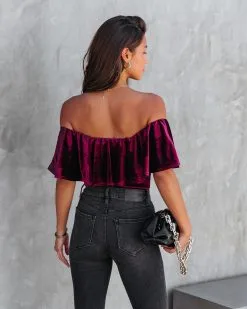 CHRY-001 All Things Luxurious Velvet Off The Shoulder Bodysuit - Wine - FINAL SALE -clothes Sales AllThingsLuxuriousVelvetOffTheShoulderBodysuitWine41