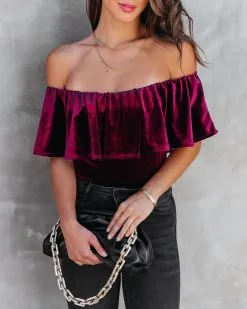 CHRY-001 All Things Luxurious Velvet Off The Shoulder Bodysuit - Wine - FINAL SALE -clothes Sales AllThingsLuxuriousVelvetOffTheShoulderBodysuitWine55