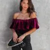 CHRY-001 All Things Luxurious Velvet Off The Shoulder Bodysuit - Wine - FINAL SALE
