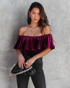 CHRY-001 All Things Luxurious Velvet Off The Shoulder Bodysuit - Wine - FINAL SALE