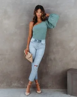 SKYL-002 Aphrodite Ruched One Shoulder Bodysuit - Sage - FINAL SALE -clothes Sales AphtoditeRuchedOneShulderBodysuitSage19