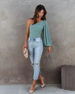 SKYL-002 Aphrodite Ruched One Shoulder Bodysuit - Sage - FINAL SALE