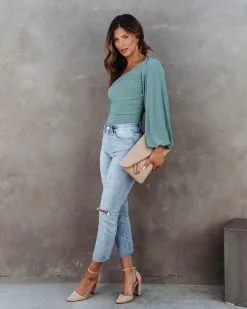 SKYL-002 Aphrodite Ruched One Shoulder Bodysuit - Sage - FINAL SALE -clothes Sales AphtoditeRuchedOneShulderBodysuitSage49