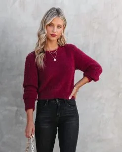 Apple Of My Eye Fuzzy Knit Sweater - Burgundy - FINAL SALE