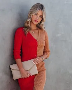 Abril Colorblock Button Front Knit Midi Dress - Red Tan - FINAL SALE -clothes Sales AprilColorblockButtonFrontKnitMidiDressRedTan117