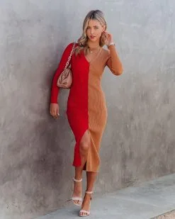 Abril Colorblock Button Front Knit Midi Dress - Red Tan - FINAL SALE -clothes Sales AprilColorblockButtonFrontKnitMidiDressRedTan20