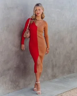 Abril Colorblock Button Front Knit Midi Dress - Red Tan - FINAL SALE -clothes Sales AprilColorblockButtonFrontKnitMidiDressRedTan23