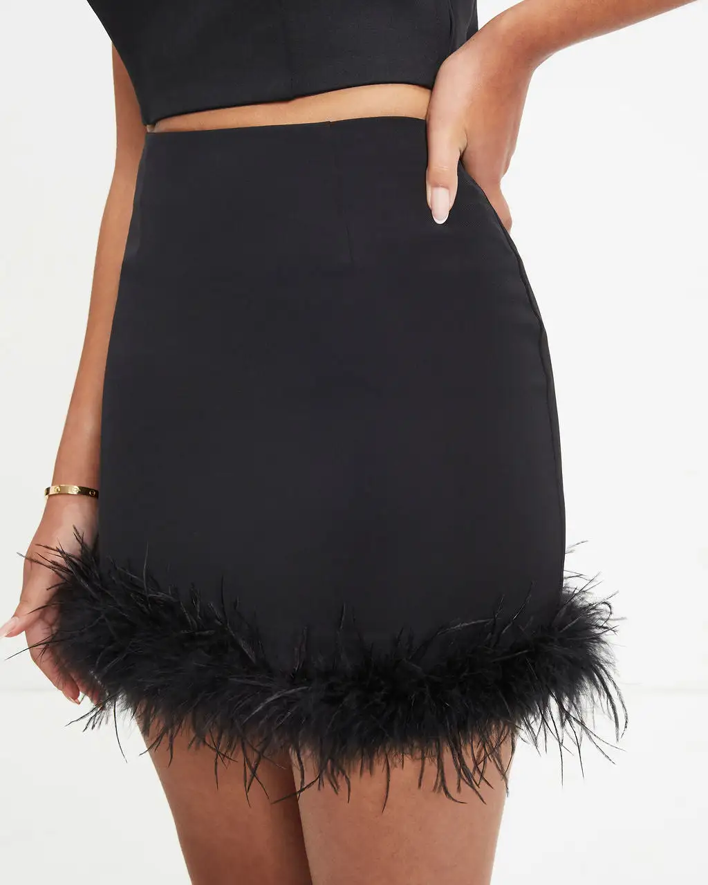 FORE-001 As If Feather Trim Mini Skirt - Black - FINAL SALE 1 FORE-001 As If Feather Trim Mini Skirt - Black - FINAL SALE