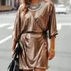 ON T-001 Ashes Metallic Wrap Mini Dress - Gold - FINAL SALE
