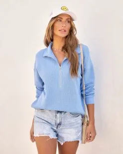 Ashton Half Zip Pocketed Waffle Knit Sweatshirt - Blue - SALE