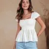 Aviva Cotton Linen Blend Smocked Top - Cream - SALE
