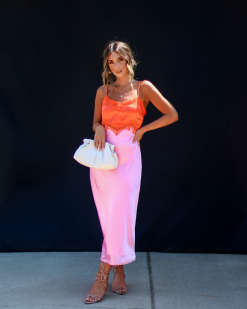 Lisbon Satin Midi Dress - Pink/Orange