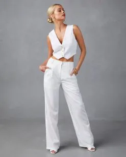 INTO-001 Right On Cue Pocketed Wide Leg Pants - White -clothes Sales BW20796 WHITE TW20326 WHITE 4555