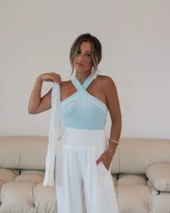 BLUE-001 Vida Ribbed Halter Bodysuit - Light Blue