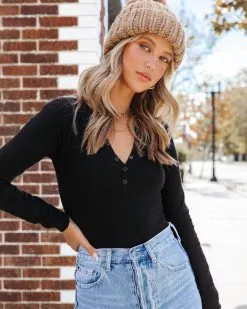 ACOA-001 Back To Comfort Knit Henley Bodysuit - Black - FINAL SALE