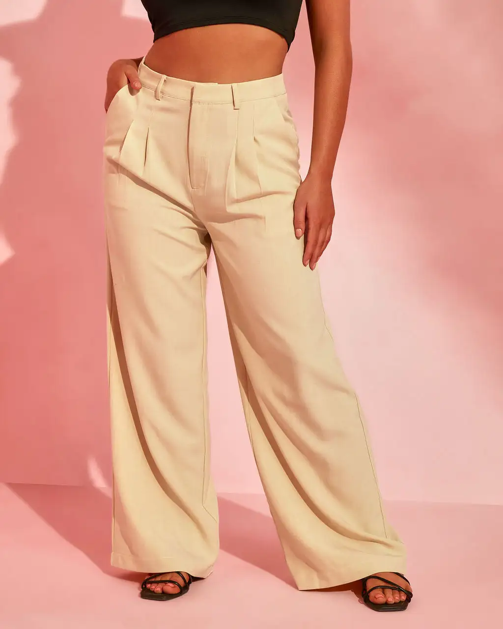 EMOR-001 Cienega High Waisted Pocketed Wide Leg Pants - Beige 5 EMOR-001 Cienega High Waisted Pocketed Wide Leg Pants - Beige - Image 5