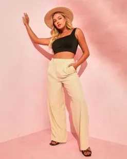 EMOR-001 Cienega High Waisted Pocketed Wide Leg Pants - Beige