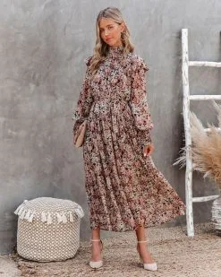 Black Cherry Floral Metallic Smocked Midi Dress - FINAL SALE