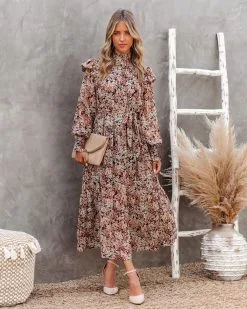 Black Cherry Floral Metallic Smocked Midi Dress - FINAL SALE -clothes Sales Blackcherryfloralmetallicsmockedmididress