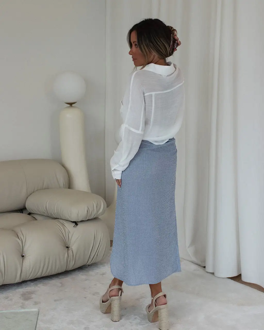 MIOU-001 Amelie Gingham Side Tie Midi Skirt - Blue 3 MIOU-001 Amelie Gingham Side Tie Midi Skirt - Blue - Image 3