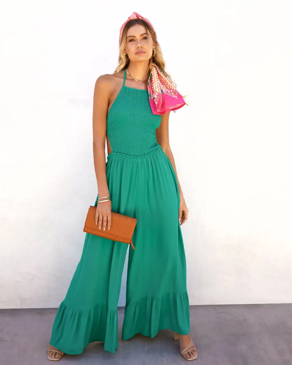 Bohdi Smocked Halter Pocketed Jumpsuit - Green 1 Bohdi Smocked Halter Pocketed Jumpsuit - Green