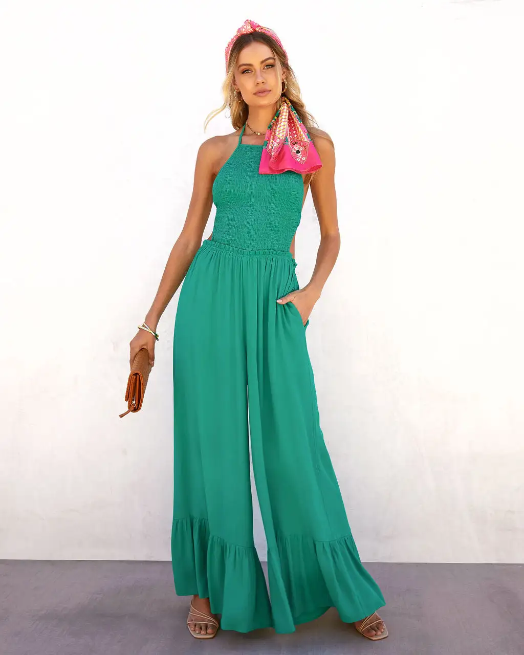 Bohdi Smocked Halter Pocketed Jumpsuit - Green 6 Bohdi Smocked Halter Pocketed Jumpsuit - Green - Image 6