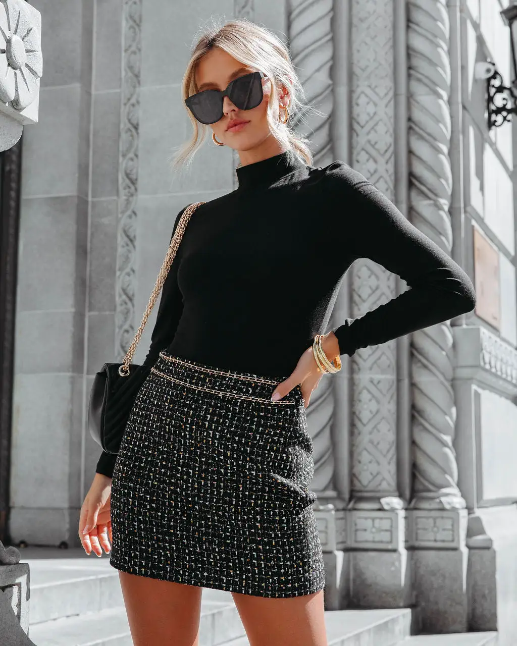 ENDL-001 Boldly Elegant Tweed Chain Mini Skirt - Black - FINAL SALE 1 ENDL-001 Boldly Elegant Tweed Chain Mini Skirt - Black - FINAL SALE