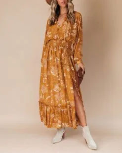 DRES-001 Brooklyn Floral Slit Maxi Dress - Marigold - FINAL SALE 8 DRES-001 Brooklyn Floral Slit Maxi Dress - Marigold - FINAL SALE -clothes Sales BrooklynFloralSlitMaxiDress Marigold 3
