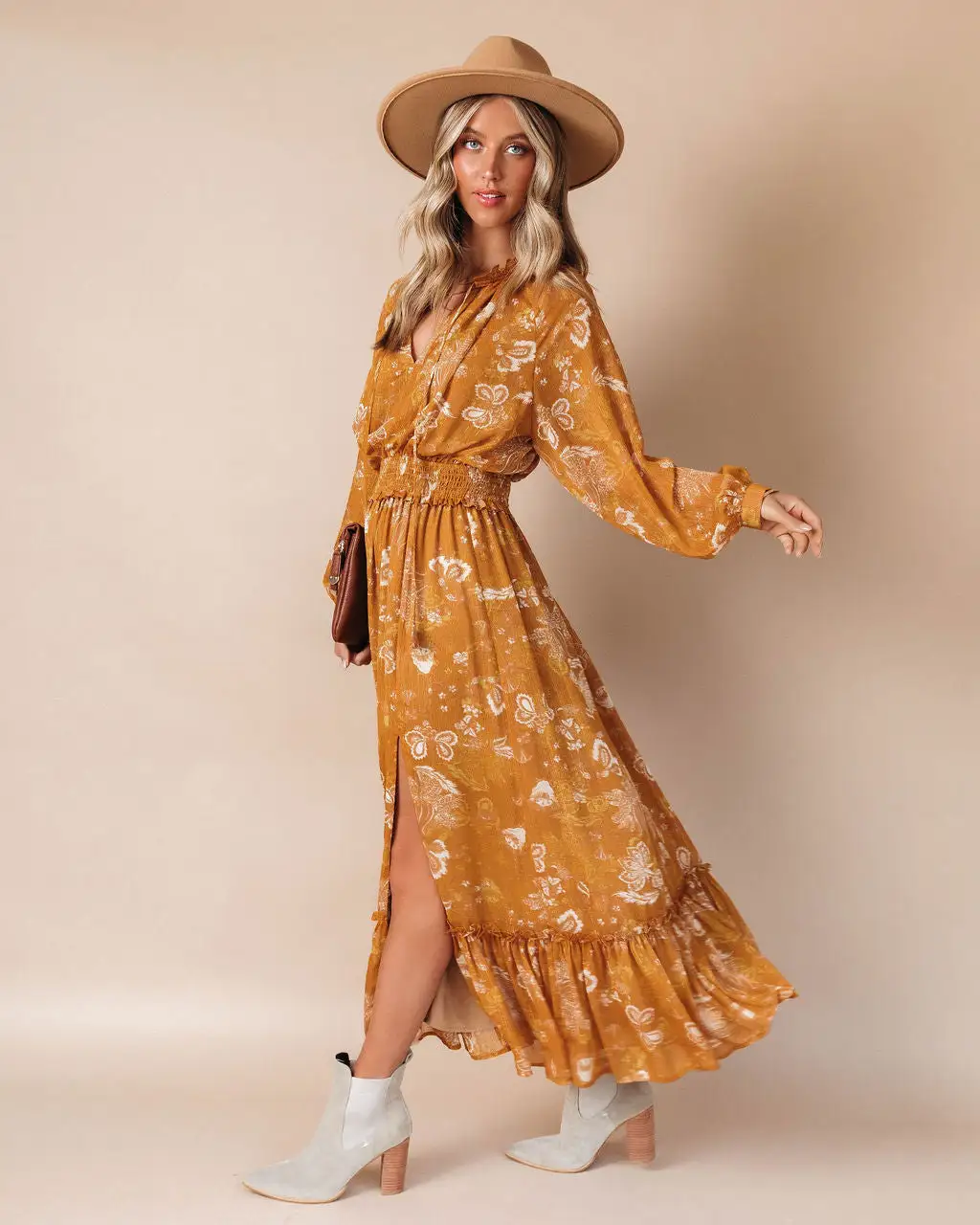 DRES-001 Brooklyn Floral Slit Maxi Dress - Marigold - FINAL SALE 6 DRES-001 Brooklyn Floral Slit Maxi Dress - Marigold - FINAL SALE - Image 6