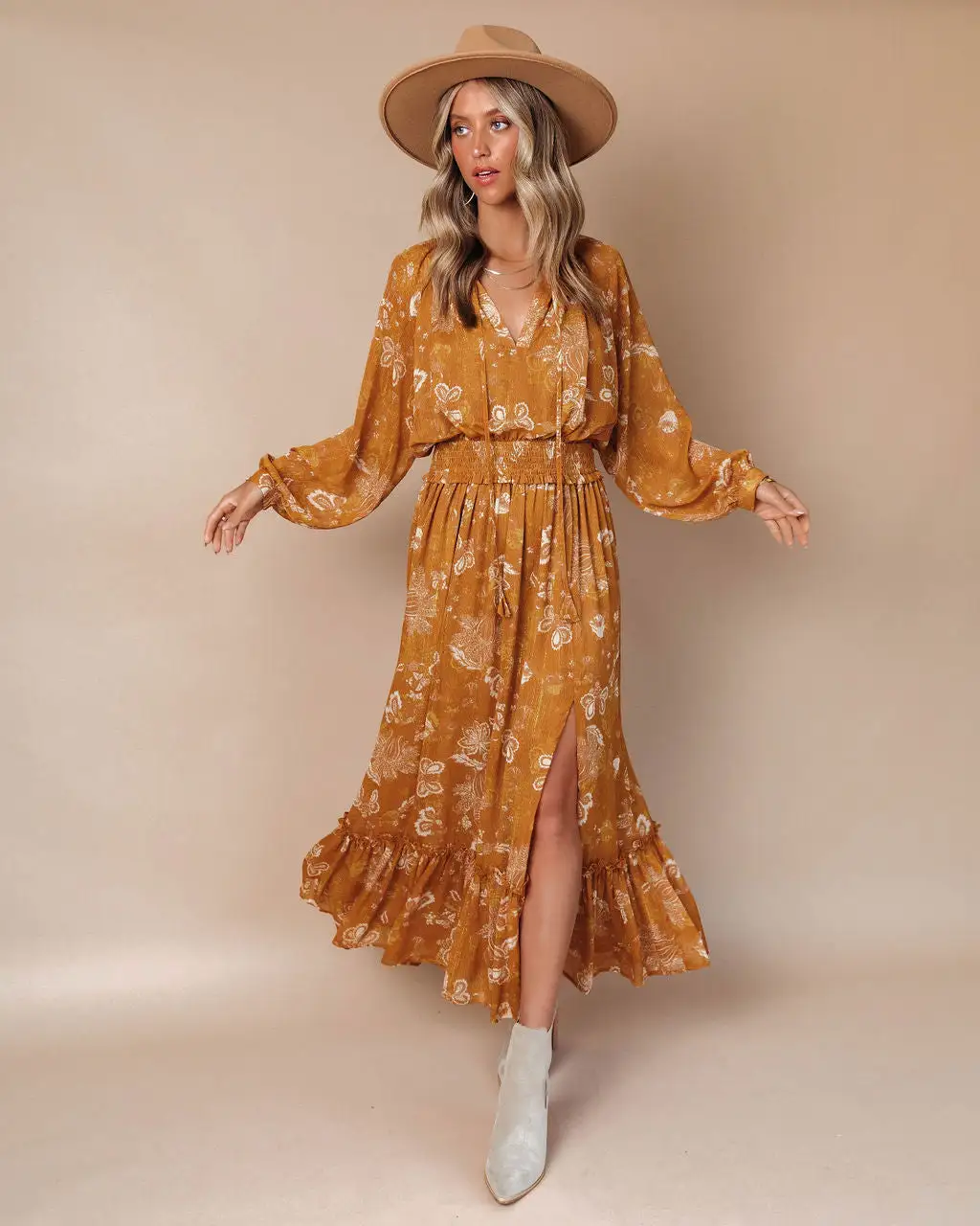 DRES-001 Brooklyn Floral Slit Maxi Dress - Marigold - FINAL SALE 1 DRES-001 Brooklyn Floral Slit Maxi Dress - Marigold - FINAL SALE