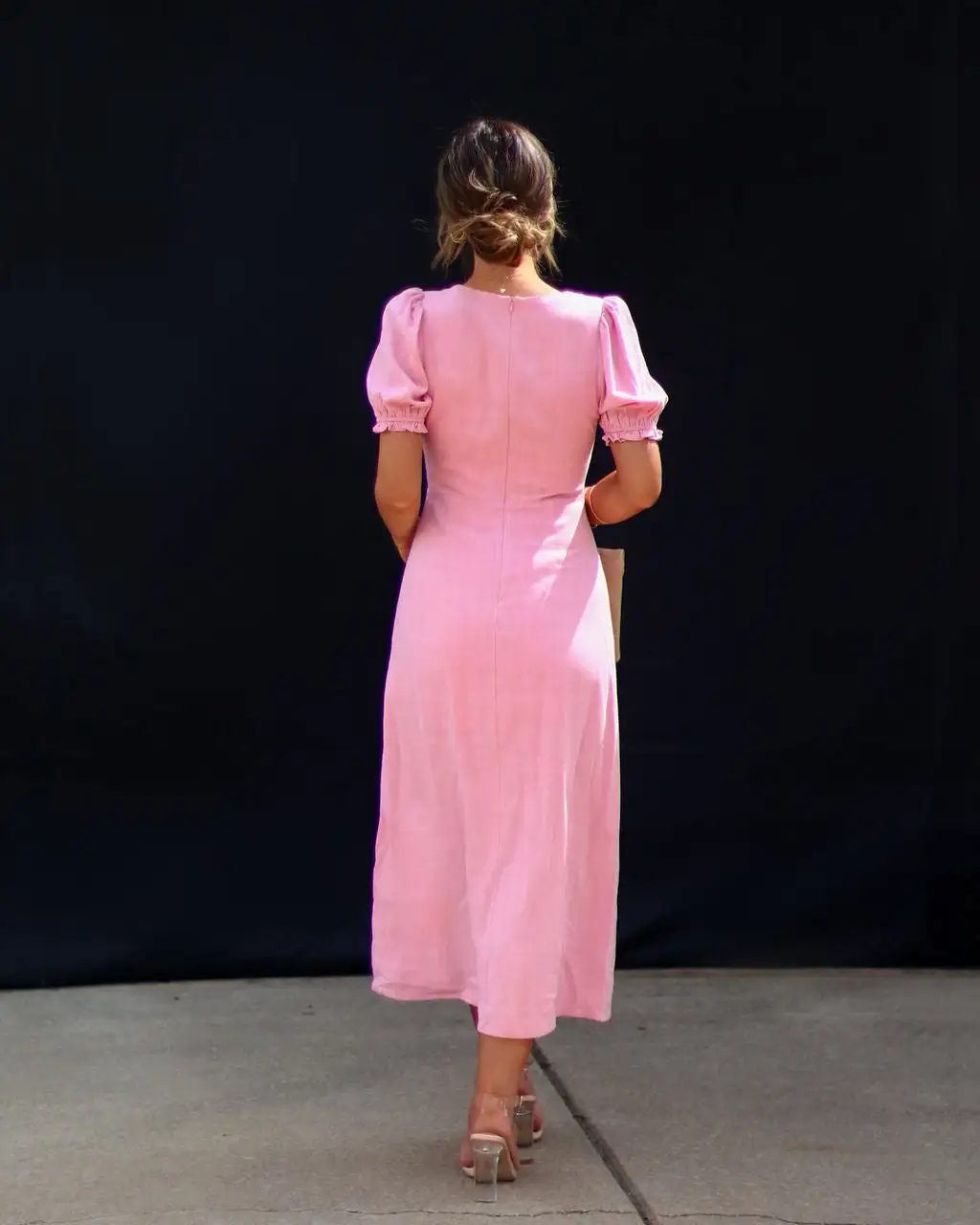 Good Grace Puff Sleeve Side Slit Midi Dress - Pink 2 Good Grace Puff Sleeve Side Slit Midi Dress - Pink - Image 2