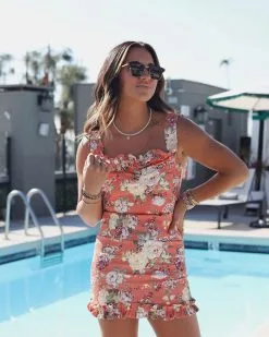 MABL-001 All You Need Is Flowers Cotton Off The Shoulder Mini Dress - Coral