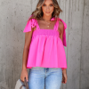 Kelis Smocked Shoulder Tie Babydoll Top - Pink