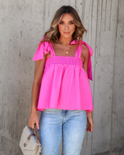 Kelis Smocked Shoulder Tie Babydoll Top - Pink