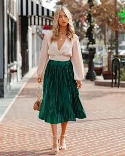 SUGA-001 Cailey Pleated Midi Skirt - Green - FINAL SALE -clothes Sales CaileyPleatedMidiSkirtGreen22