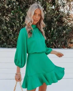 Call Me Angel Textured Satin Dress - Green - FINAL SALE