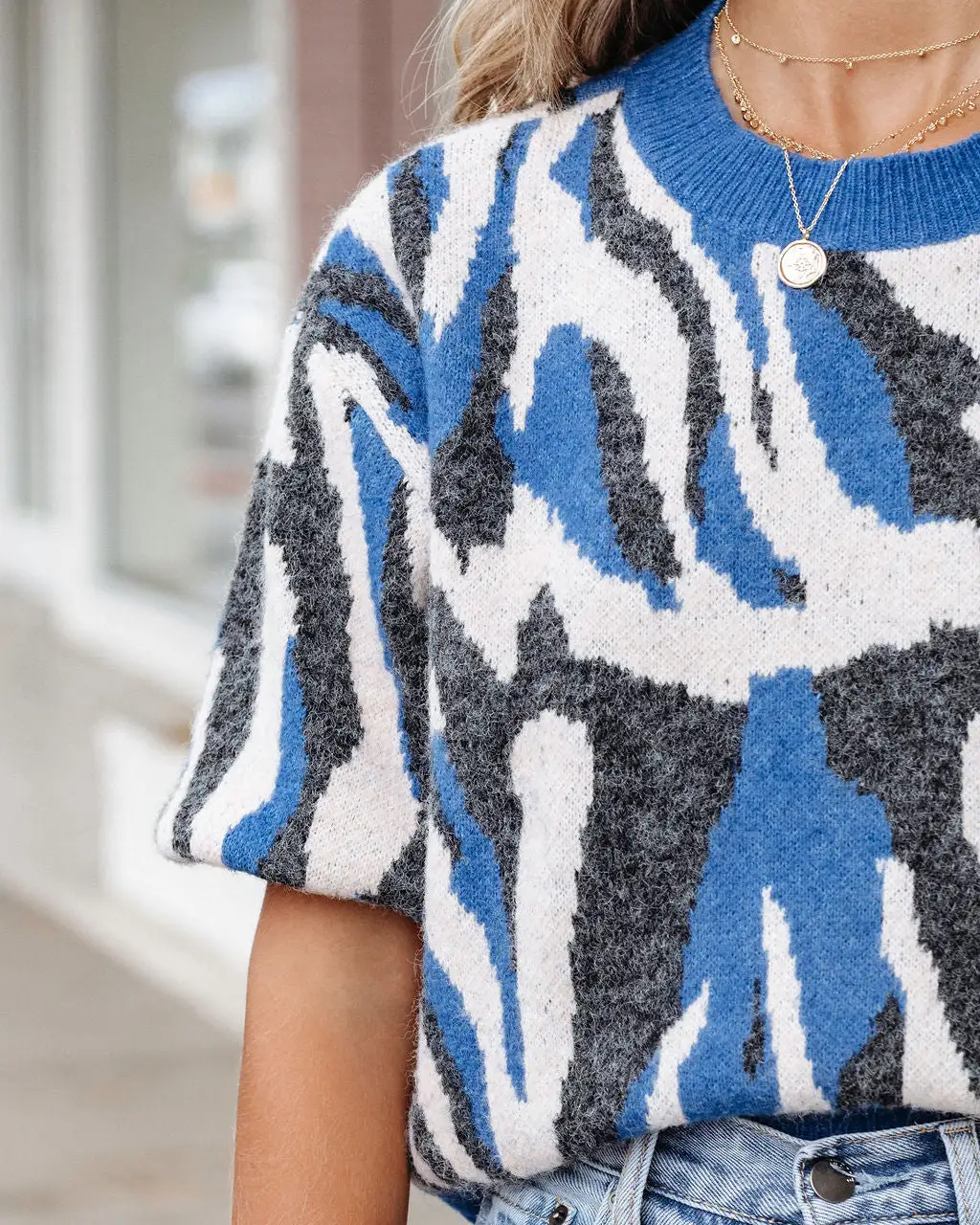 Cape Town Knit Printed Sweater Top - Blue Combo - FINAL SALE 4 Cape Town Knit Printed Sweater Top - Blue Combo - FINAL SALE - Image 4