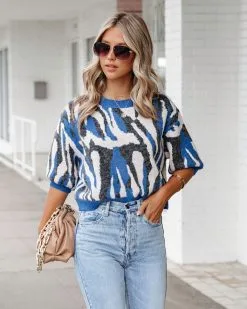 Cape Town Knit Printed Sweater Top - Blue Combo - FINAL SALE