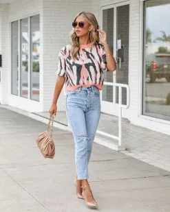 Cape Town Knit Printed Sweater Top - Coral Combo - FINAL SALE -clothes Sales CapeTownKnitPrintedSweaterTopCoralCombo115