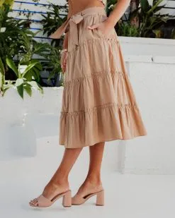 DANC-001 Carlena Pocketed Tiered Midi Skirt - Tan - SALE -clothes Sales CarlenaTwistedFrontPuffSleeveTop CarlenaPocketedTieredMidiSkirt Tan 2690