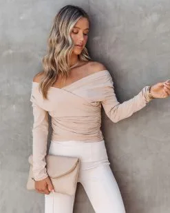 Cece Drape Long Sleeve Top - Beige - FINAL SALE