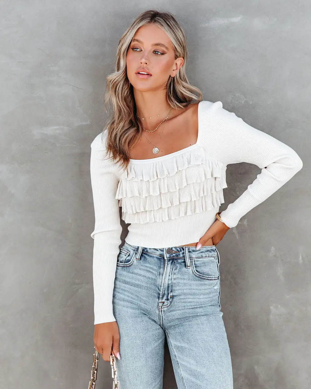 Celeste Ribbed Ruffle Crop Top - Cream - FINAL SALE 1 Celeste Ribbed Ruffle Crop Top - Cream - FINAL SALE
