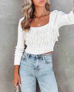 Celeste Ribbed Ruffle Crop Top - Cream - FINAL SALE 12 Celeste Ribbed Ruffle Crop Top - Cream - FINAL SALE -clothes Sales CelesteRibbedRuffleCropTopCream99