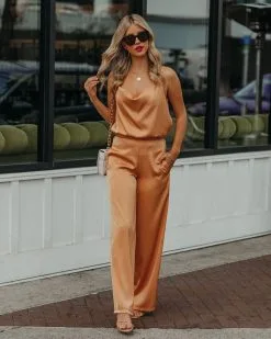 LUCC-001 Chana Satin Pocketed High Rise Trousers - Orange Mist - FINAL SALE