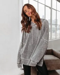 Chill Out Saturday Oversized Mineral Wash Hooded Sweatshirt - Charcoal - FINAL SALE